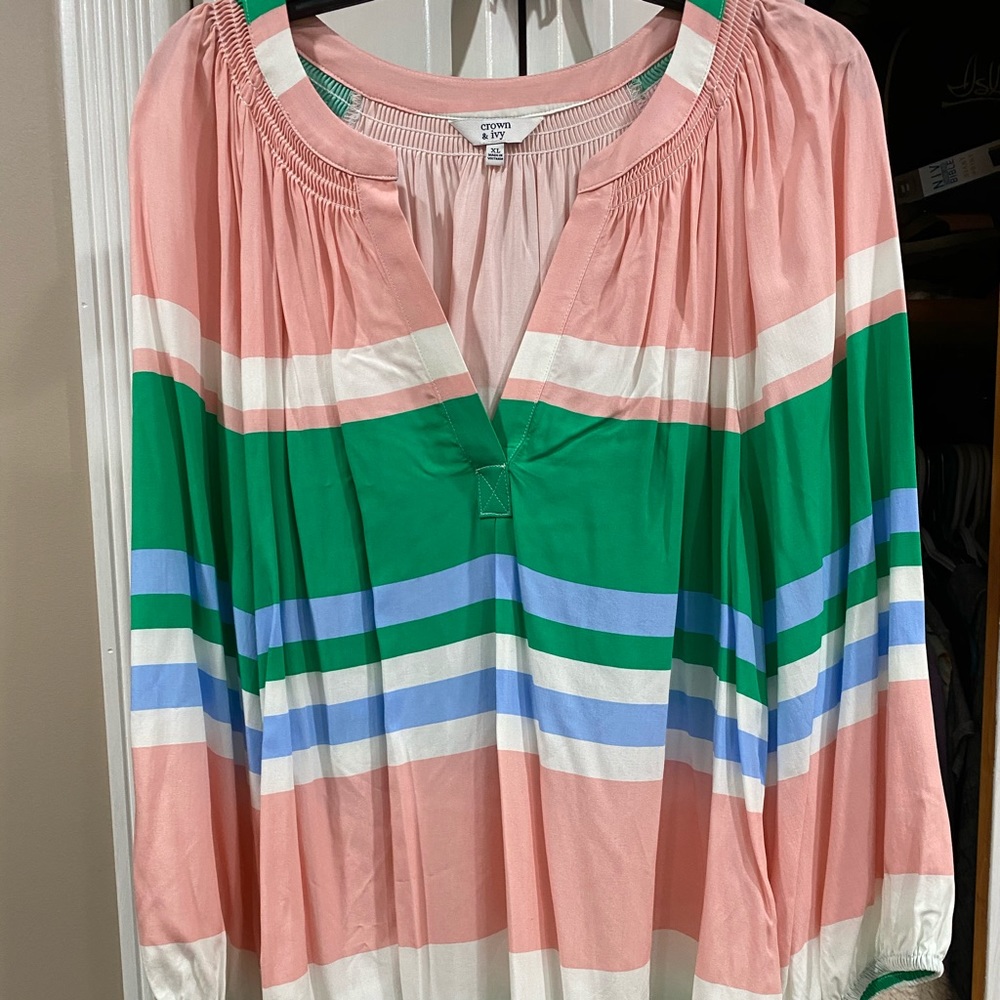 crown & ivy Pink Multicolor Striped Blouse